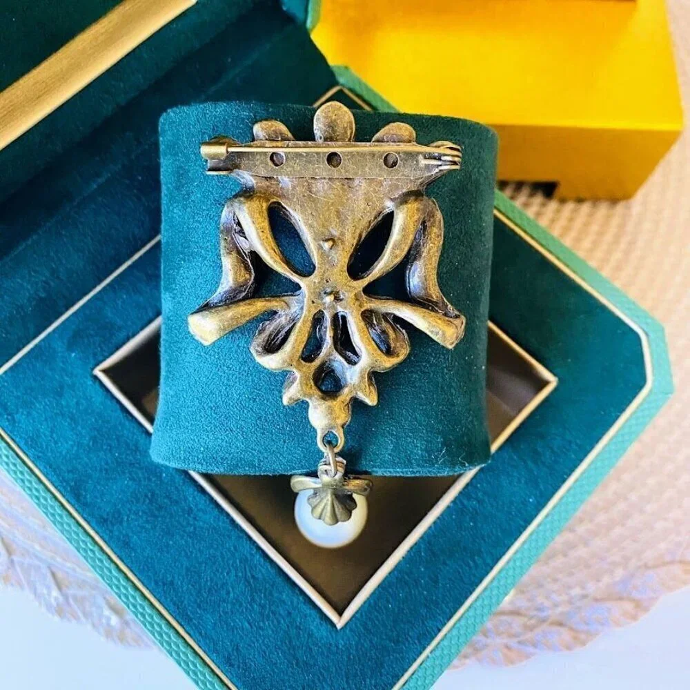 Vintage Bronze Crystal Brooch With Faux Pearl Drop - Extra Large